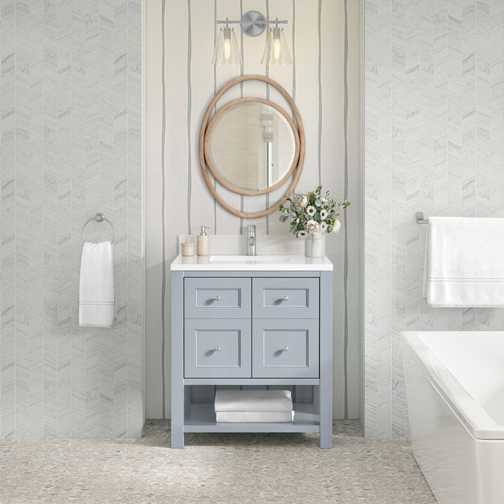 Breckenridge 30" Single Vanity, Serenity Blue, w/ Single Hole 3 CM White Zeus Quartz Top & Backsplash