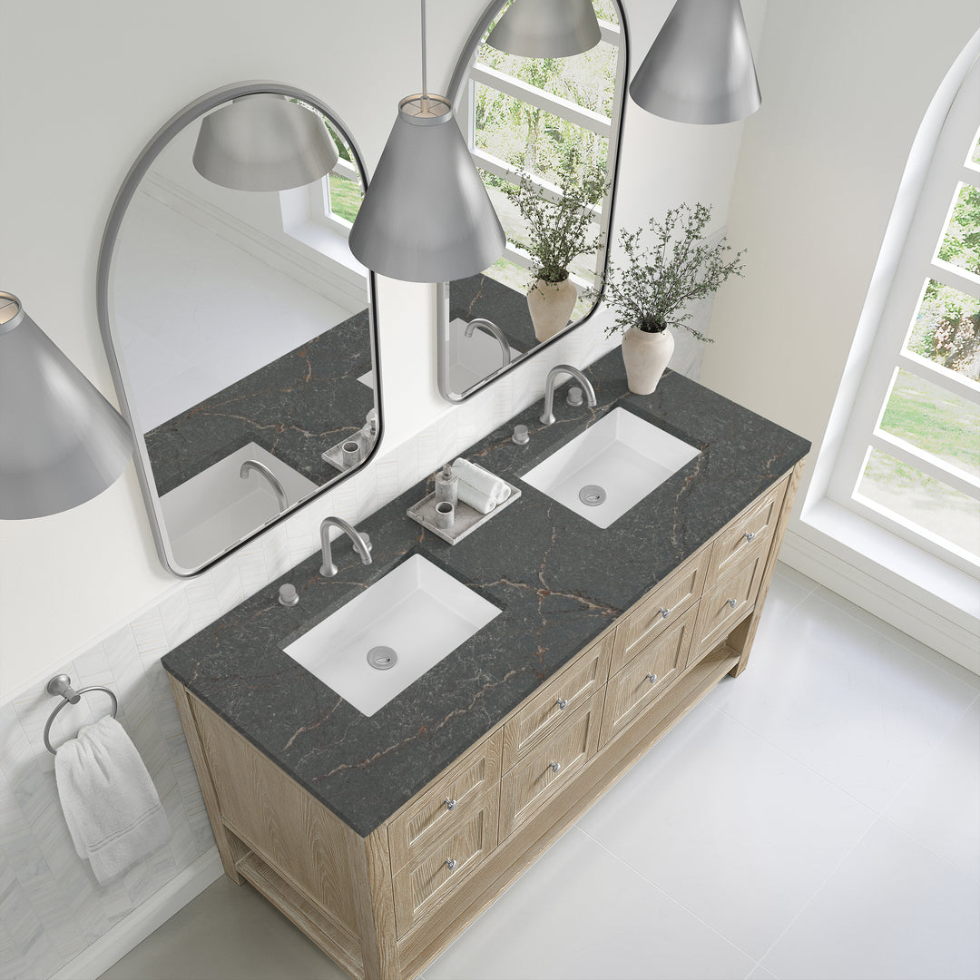 Breckenridge 60" Double Vanity, Whitewashed Oak w/ 3 CM Parisien Bleu Top w/FreePower Wireless Charger