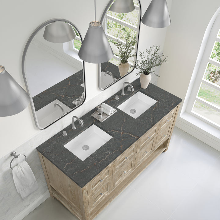 Breckenridge 60" Double Vanity, Whitewashed Oak w/ 3 CM Parisien Bleu Top w/FreePower Wireless Charger