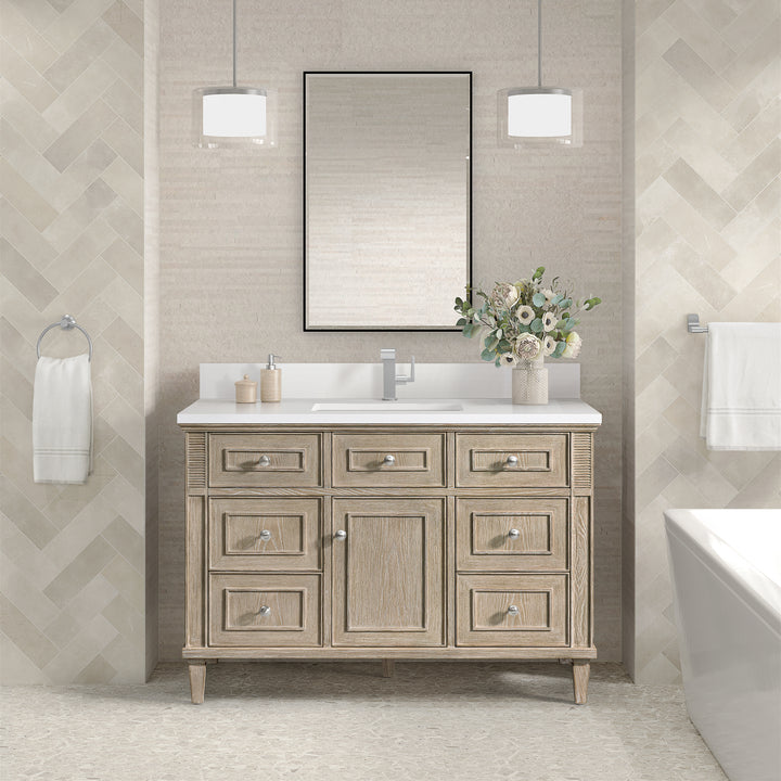 Lorelai 48" Single Vanity, Whitewashed Oak w/ Single Hole 3 CM White Zeus Silestone Top & Backsplash