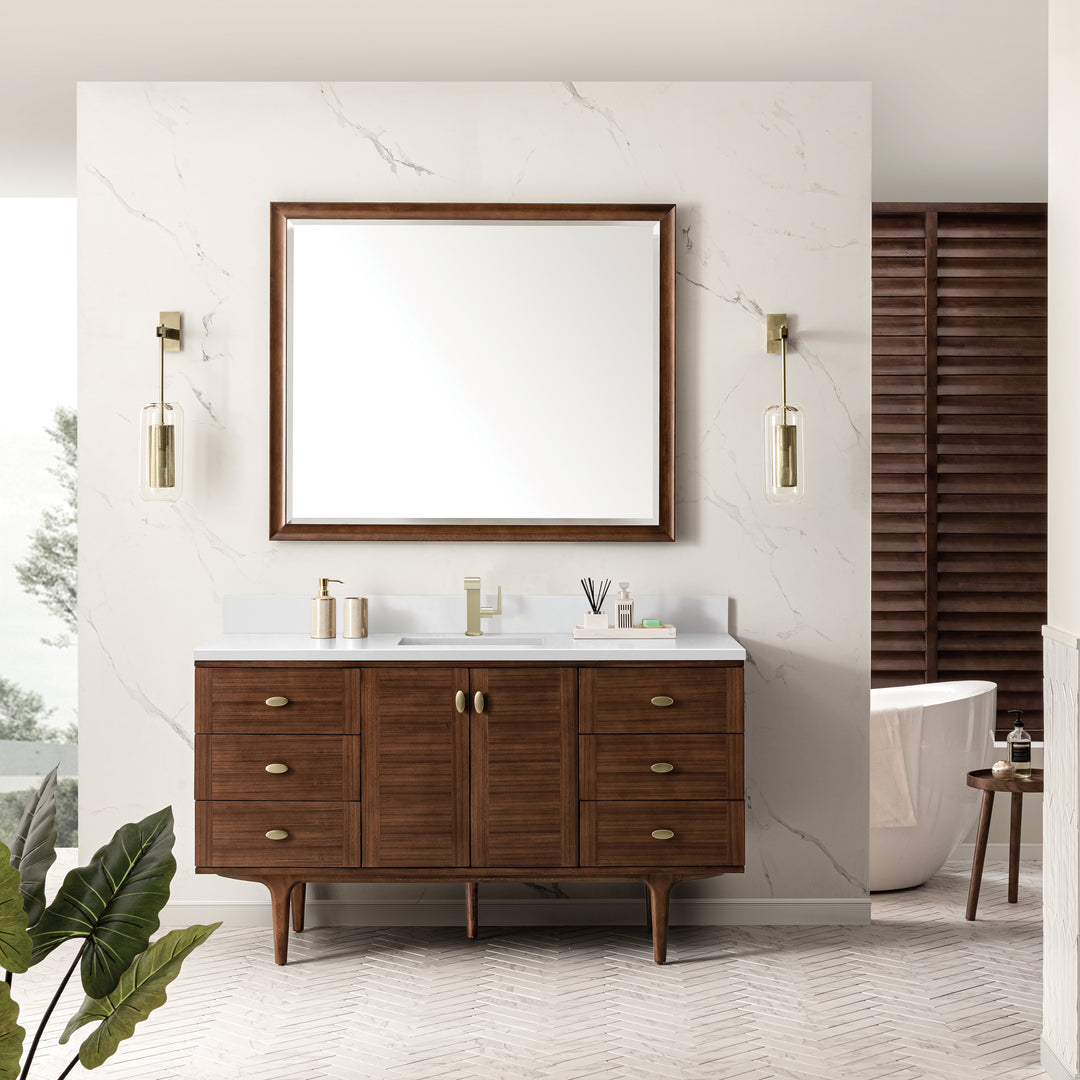 Amberly 60" Single Vanity, Mid-Century Walnut w/ Single Hole 3 CM White Zeus Top & Backsplash