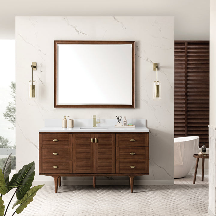 Amberly 60" Single Vanity, Mid-Century Walnut w/ Single Hole 3 CM White Zeus Top & Backsplash