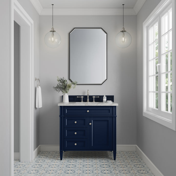 Brittany 36" Single Vanity, Victory Bleu w/ 3 CM Victorian Silver Silestone Top