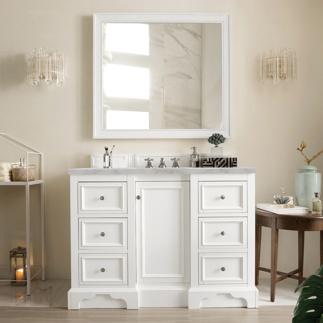 De Soto 48" Single Vanity, Bright White w/ 3 CM Victorian Silver Silestone Top