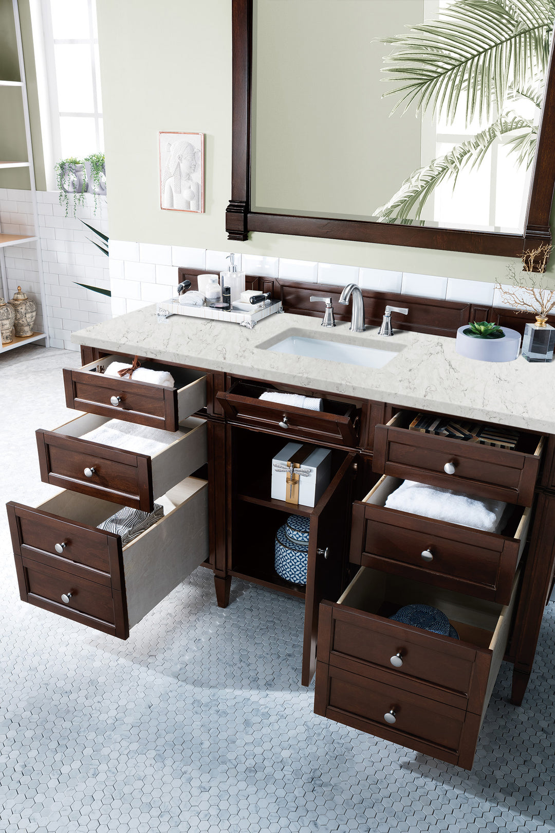 Brittany 60" Single Vanity, Burnished Mahogany w/ 3 CM Eternal Jasmine Pearl Silestone Top