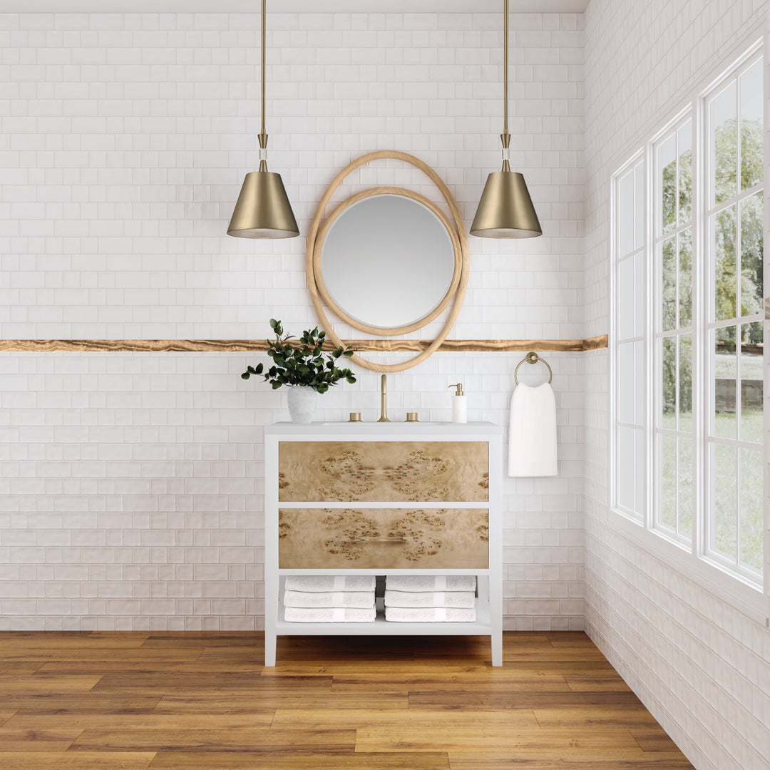 Olena 36" Single Vanity, Light Mappa Burl and Polished White w/ 3 CM White Zeus Silestone Top