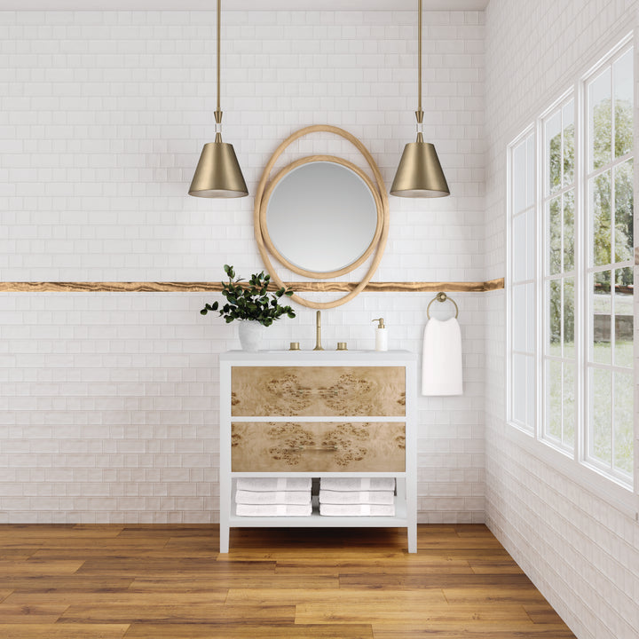 Olena 36" Single Vanity, Light Mappa Burl and Polished White w/ 3 CM White Zeus Silestone Top