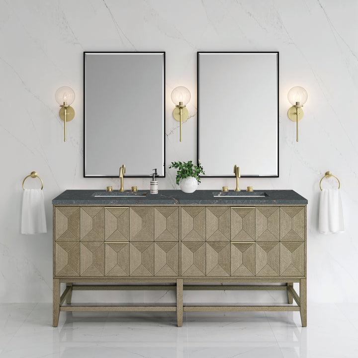 Emmeline 72" Double Vanity, Pebble Oak w/ 3 CM Parisien Bleu Top w/FreePower Wireless Charger