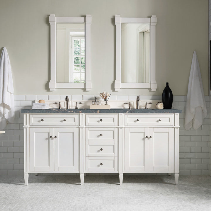 Brittany 72" Double Vanity, Bright White Vanity w/ 3 CM Parisien Bleu Silestone Top w/FreePower Wireless Charger