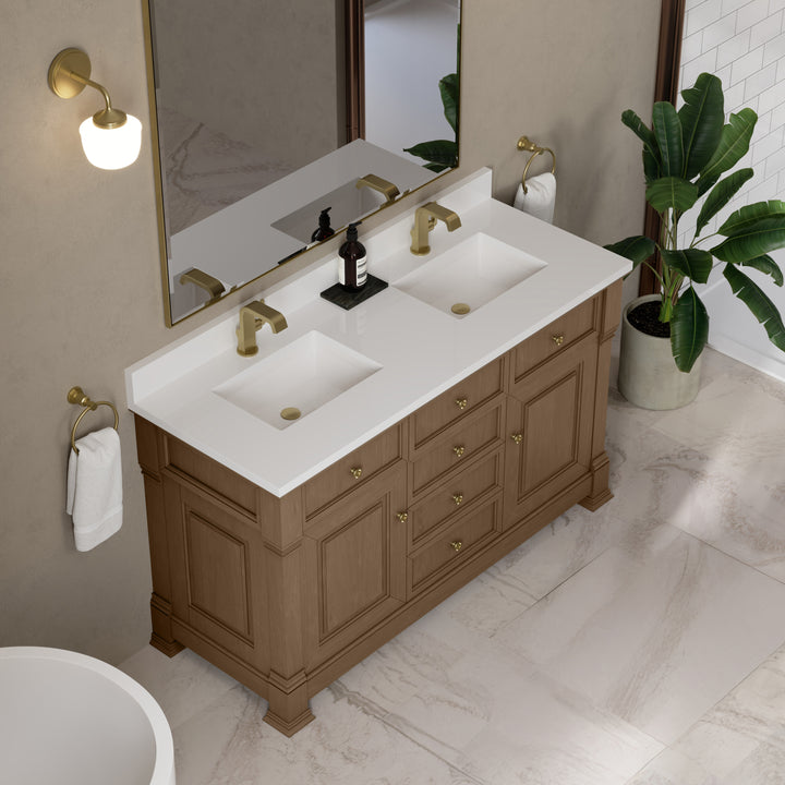 Brookfield 60" Double Vanity, Pecan w/ Single Hole 3CM White Zeus Silestone® Top & Backsplash