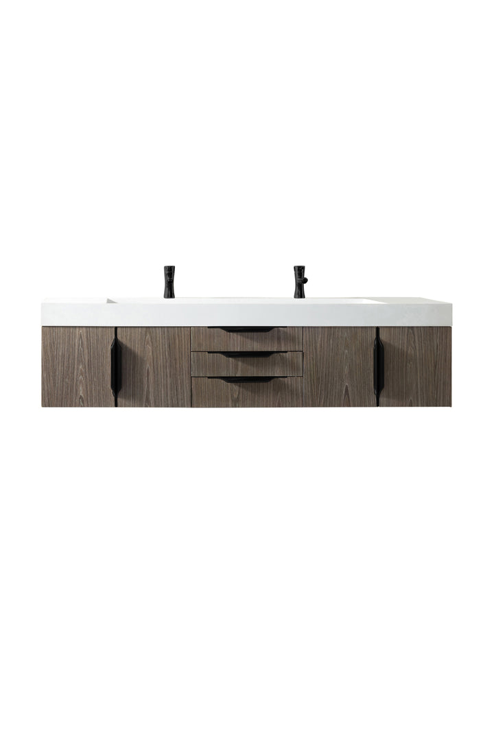 Columbia 72" Double Wall Mount Vanity, Ash Gray, Matte Black w/ Glossy White Composite Stone Top