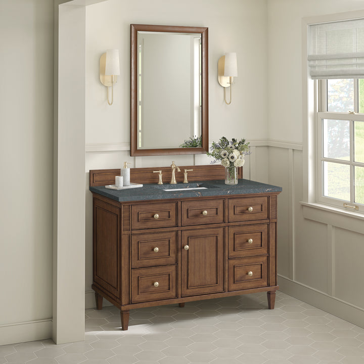 Lorelai 48" Single Vanity, Mid-Century Walnut w/ 3 CM Parisien Bleu Silestone Top w/FreePower Wireless Charger