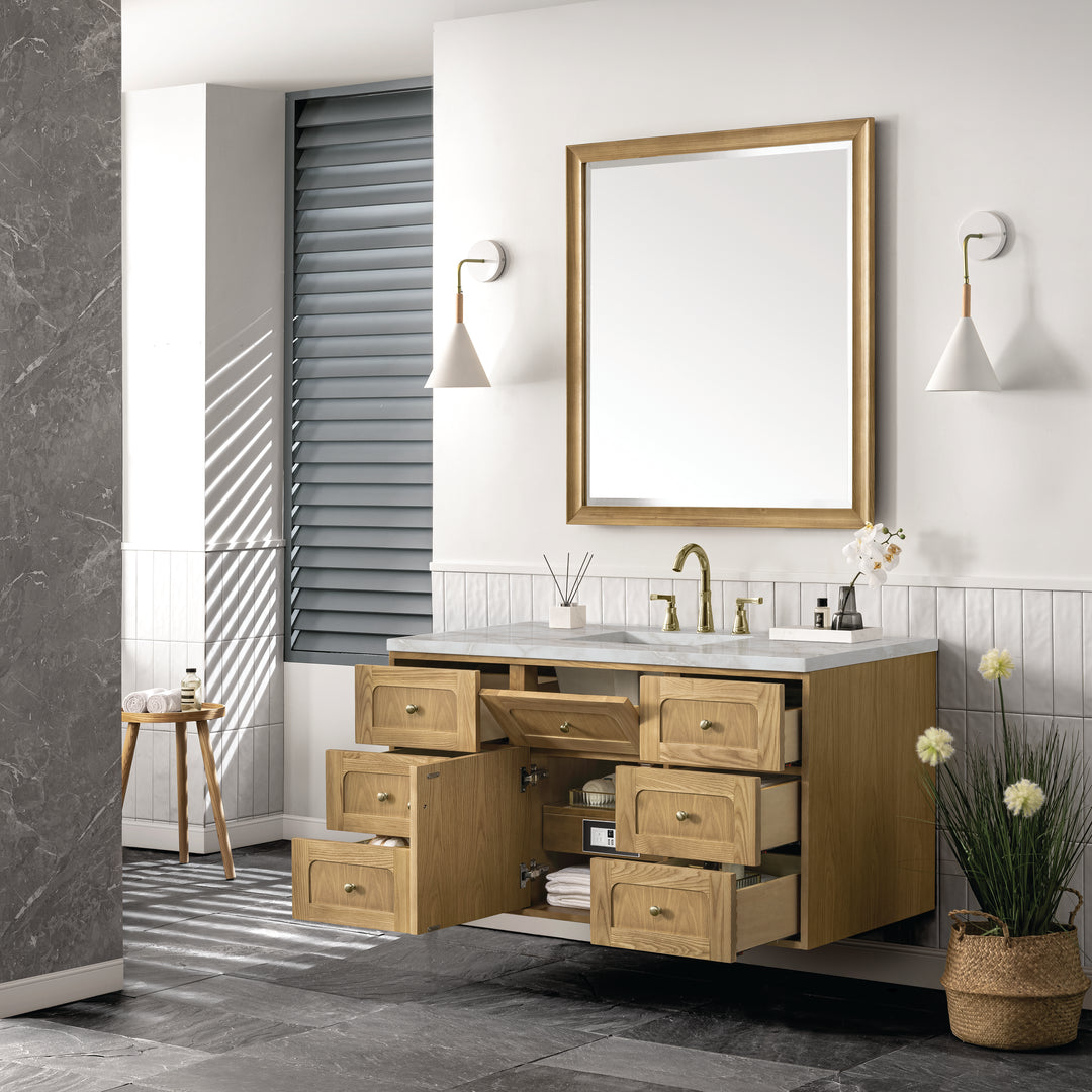 Laurent 48" Single Vanity, Light Natural Oak w/ 3 CM Victorian Silver Top w/FreePower Wireless Charger