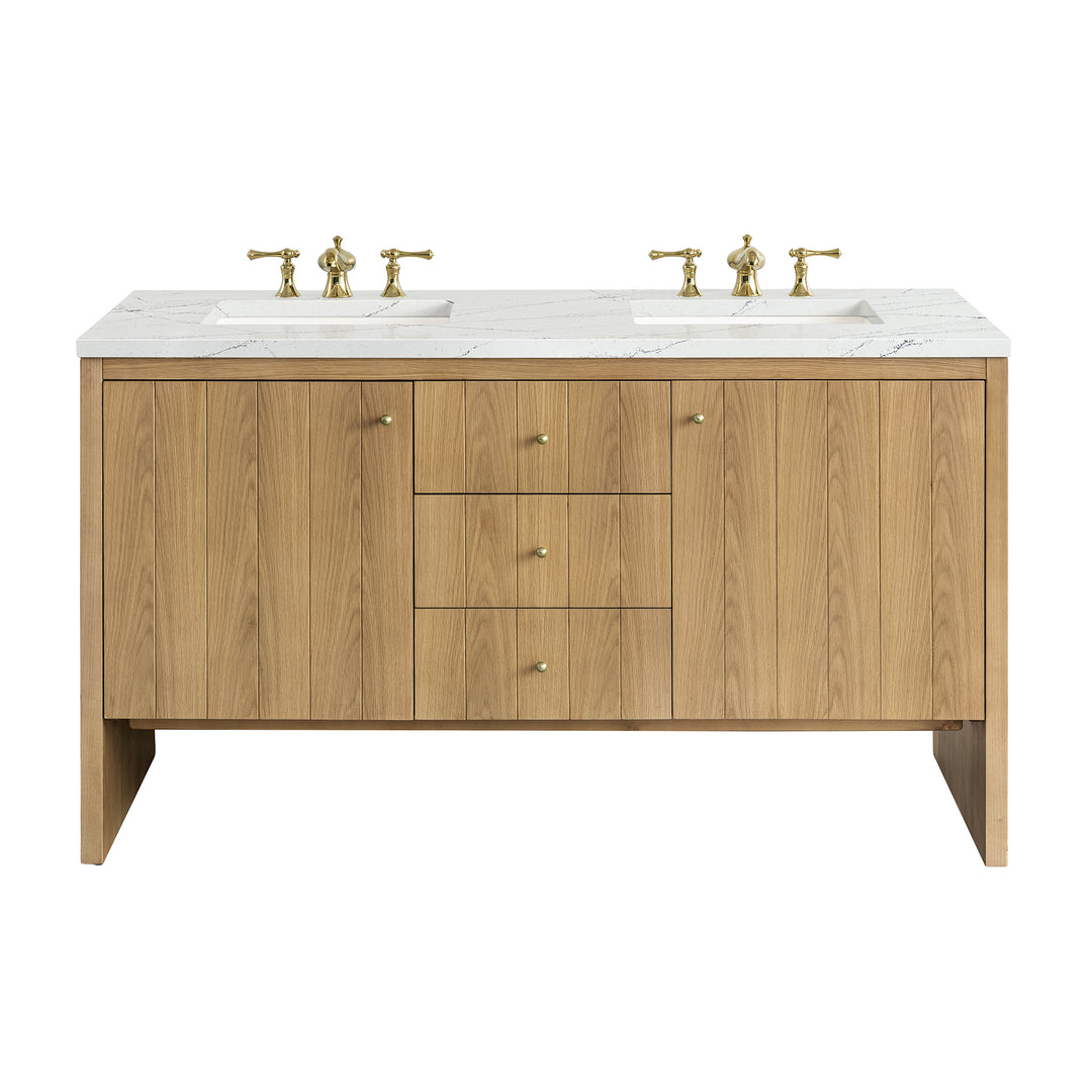 Hudson 60" Double Vanity, Light Natural Oak w/ 3 CM Ethereal Noctis Top w/FreePower Wireless Charger