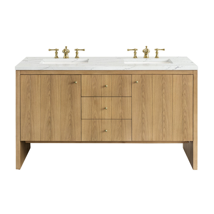 Hudson 60" Double Vanity, Light Natural Oak w/ 3 CM Ethereal Noctis Top w/FreePower Wireless Charger