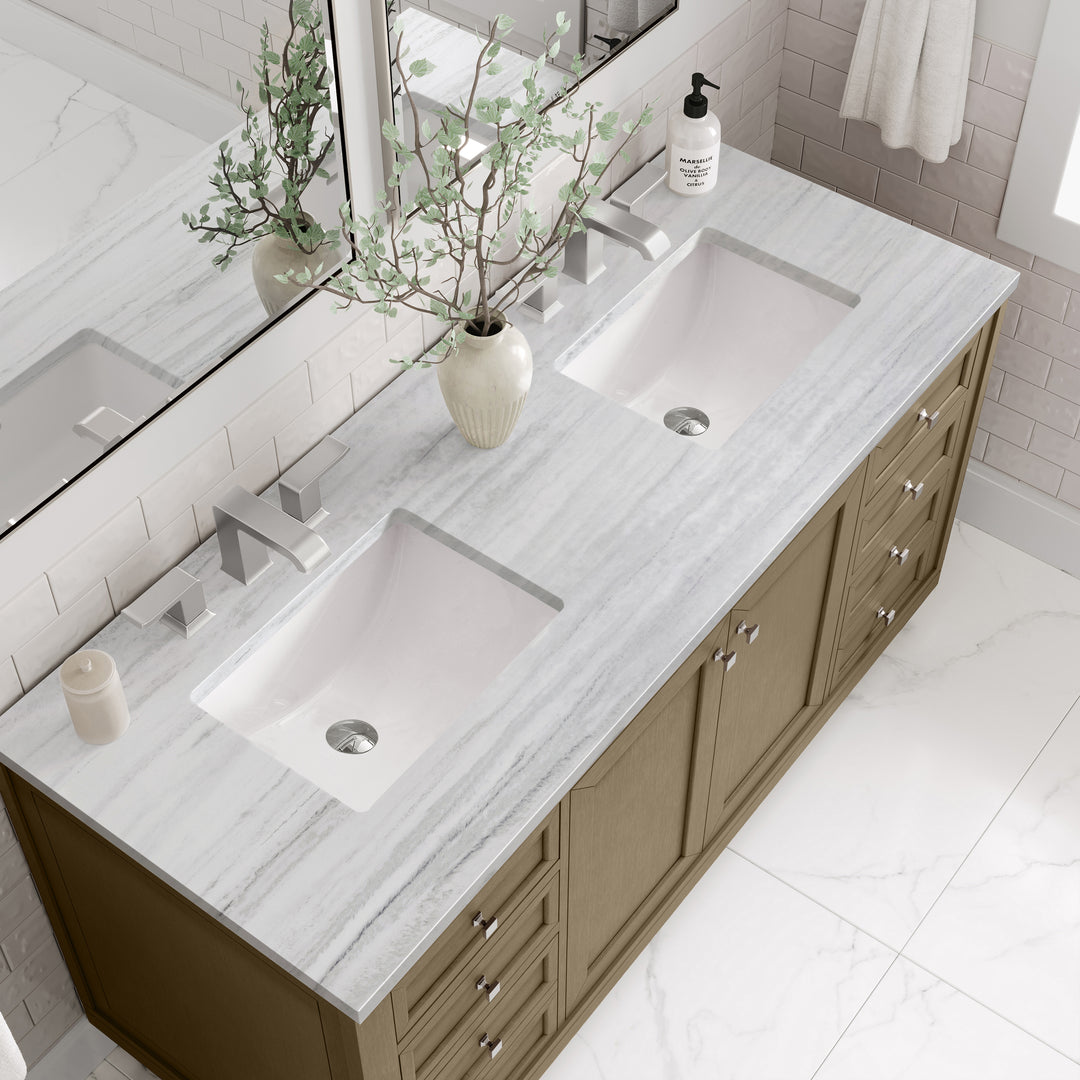 Chicago 60" Double Vanity, Walnut Whisper, w/ 3 CM Arctic Fall Solid Surface Top