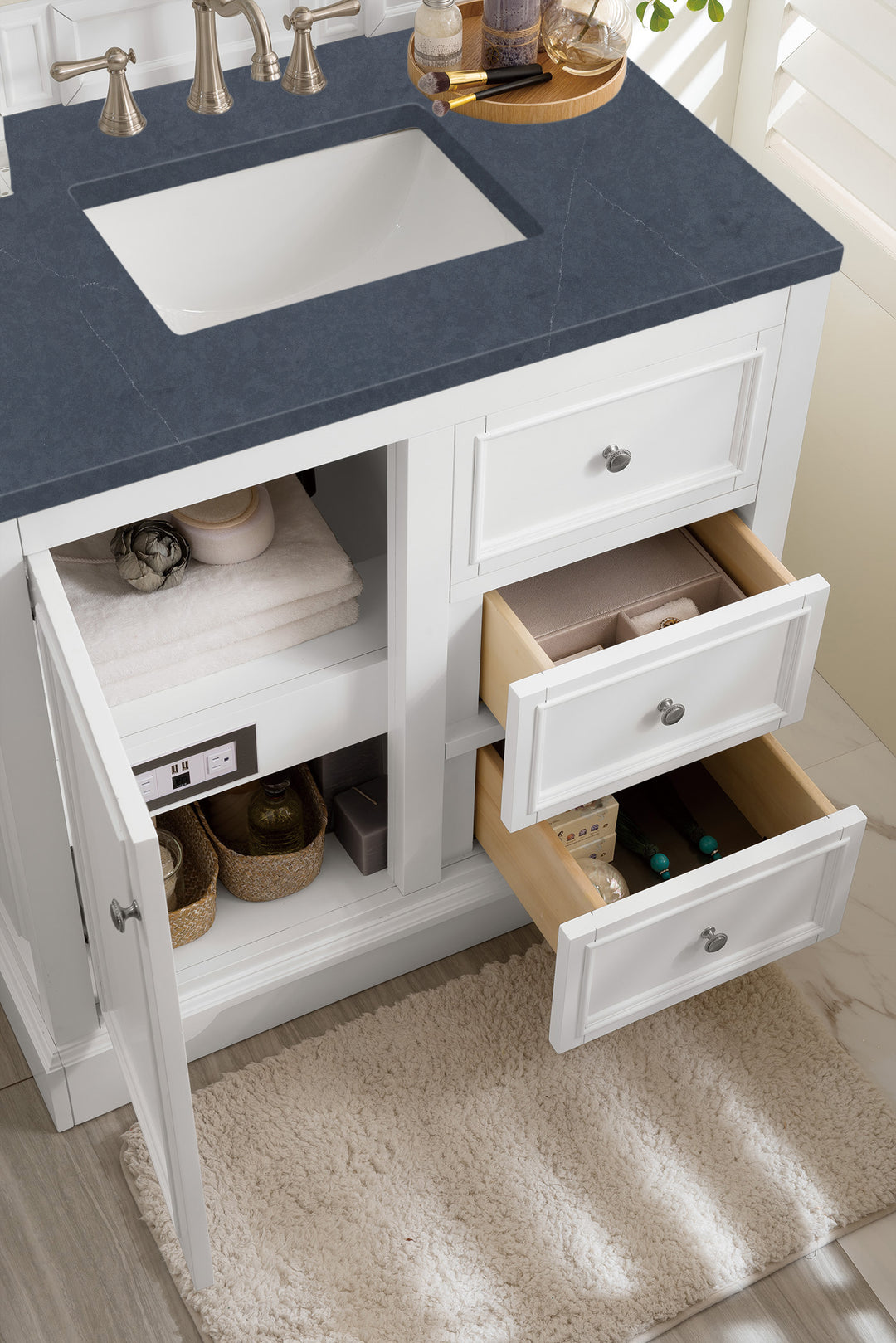 De Soto 36" Single Vanity, Bright White w/ 3 CM Charcoal Soapstone Silestone Top