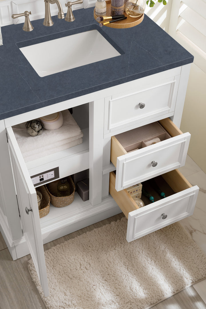 De Soto 36" Single Vanity, Bright White w/ 3 CM Charcoal Soapstone Silestone Top