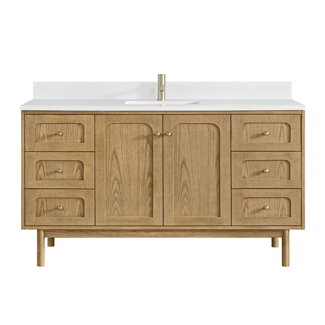 Laurent 60" Single Vanity, Light Natural Oak, w/ Single Hole 3 CM White Zeus Quartz Top & Backsplash
