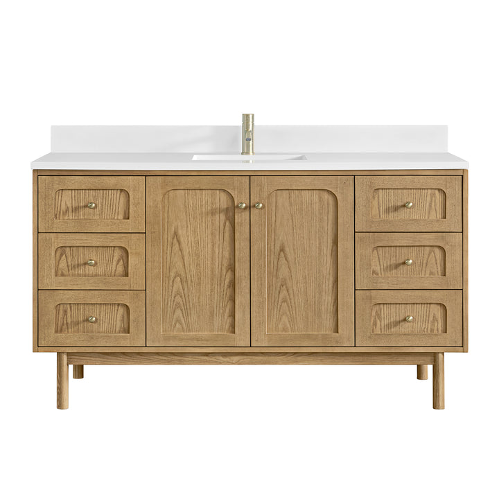 Laurent 60" Single Vanity, Light Natural Oak, w/ Single Hole 3 CM White Zeus Quartz Top & Backsplash