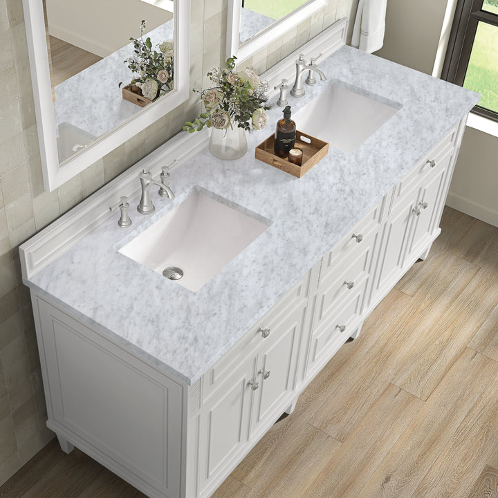 Lorelai 72" Double Vanity, Bright White w/ 3 CM Carrara White Marble Top