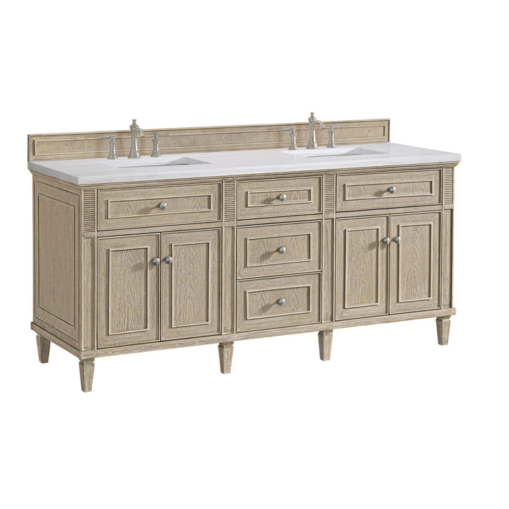 Lorelai 72" Double Vanity, Whitewashed Oak w/ 3 CM Arctic Fall Solid Surface Top