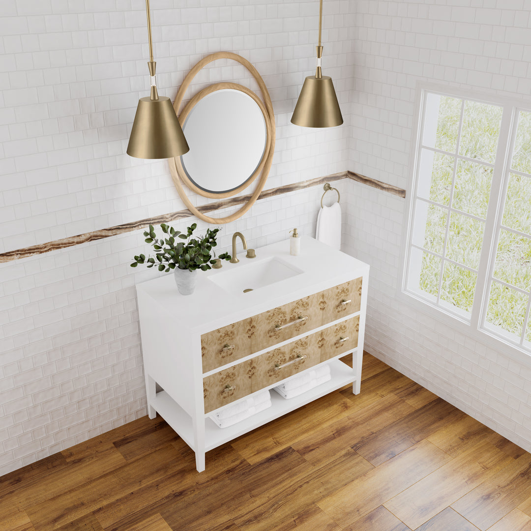 Olena 48" Single Vanity, Light Mappa Burl and Polished White w/ 3 CM White Zeus Silestone Top
