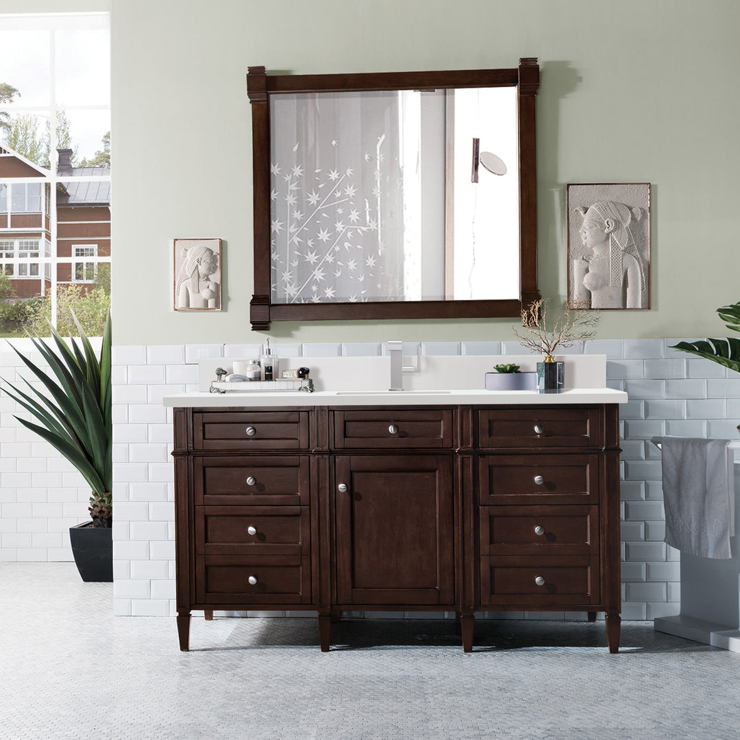 Brittany 60" Single Vanity, Burnished Mahogany w/ Single Hole 3 CM White Zeus Silestone Top & Backsplash