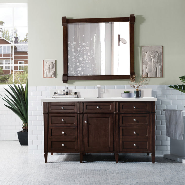Brittany 60" Single Vanity, Burnished Mahogany w/ Single Hole 3 CM White Zeus Silestone Top & Backsplash