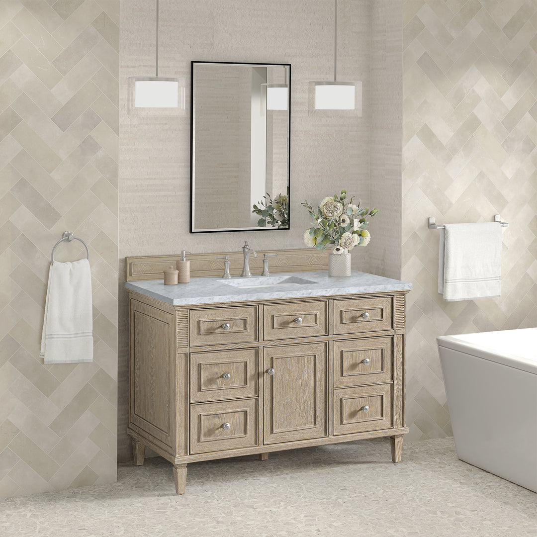 Lorelai 48" Single Vanity, Whitewashed Oak w/ 3 CM Carrara White Marble Top