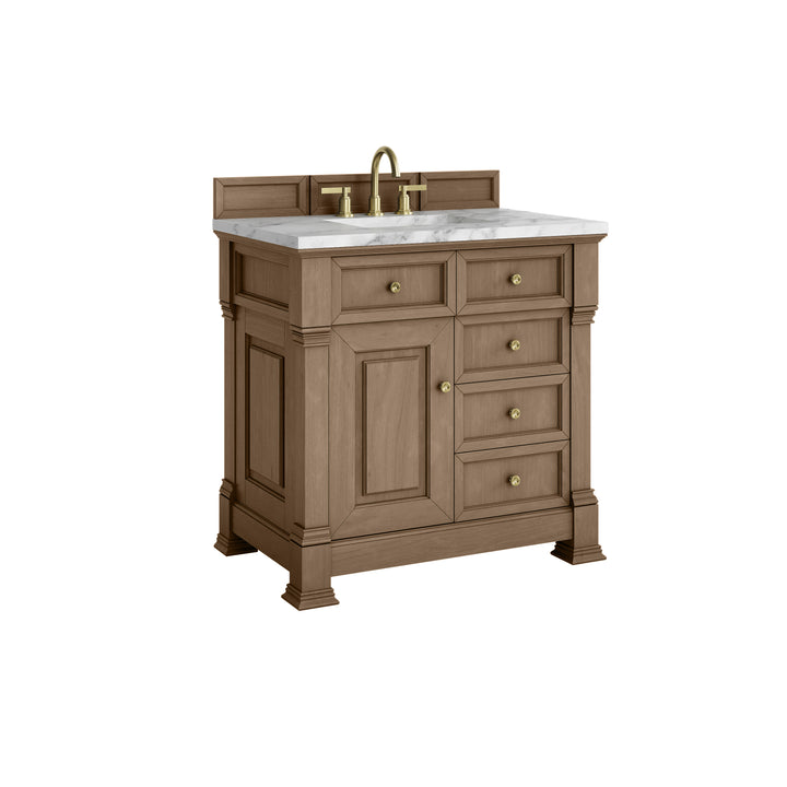 Brookfield 36" Single Vanity, Pecan w/3 CM Carrara White Marble Top