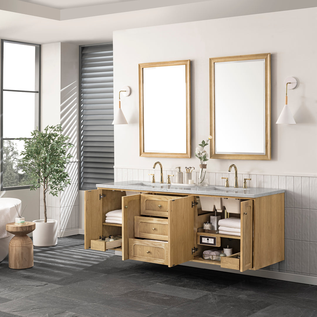 Laurent 72" Double Vanity, Light Natural Oak w/ 3 CM Eternal Jasmine Pearl Top w/FreePower Wireless Charger