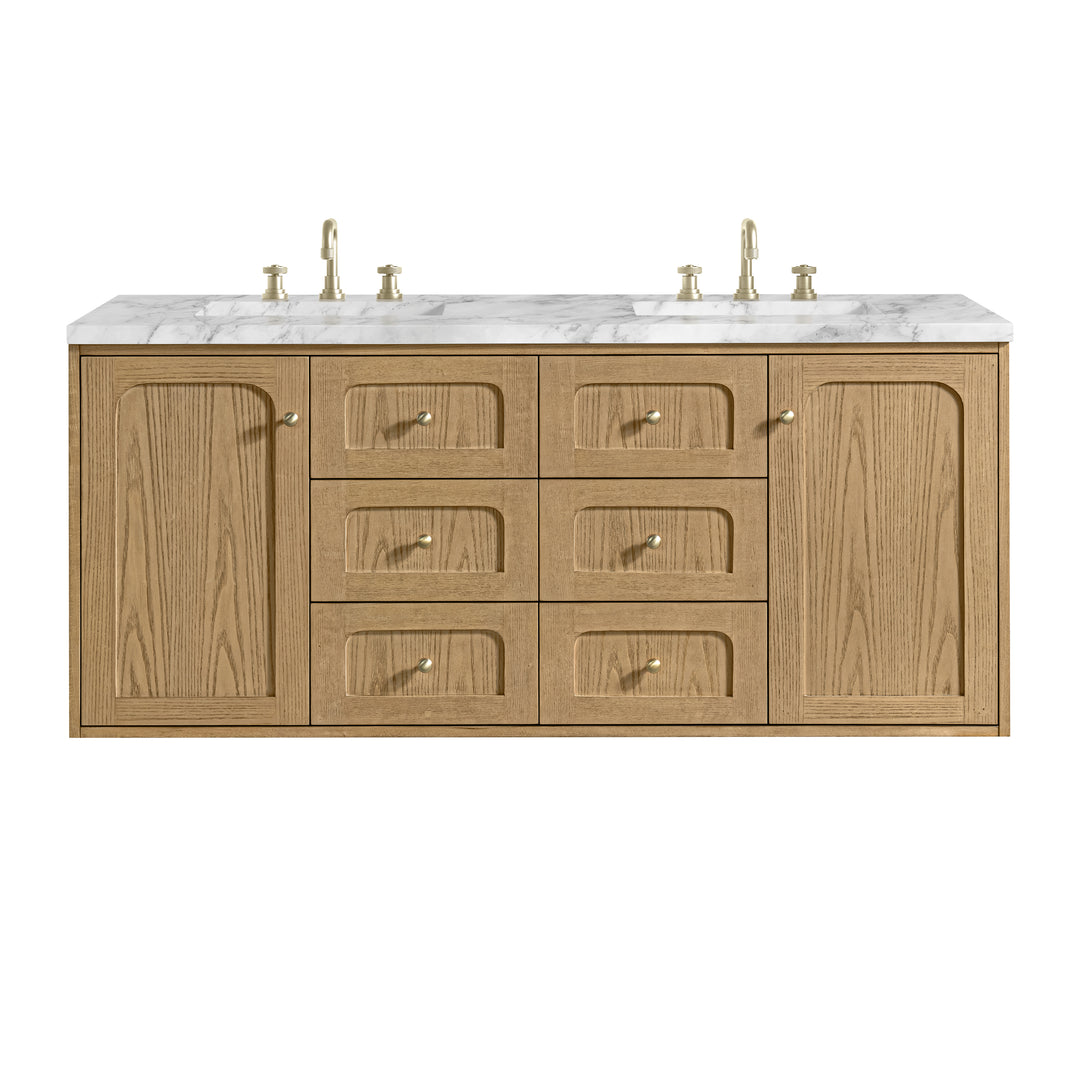 Laurent 60" Double Vanity, Light Natural Oak, w/ 3 CM Carrara Marble Top