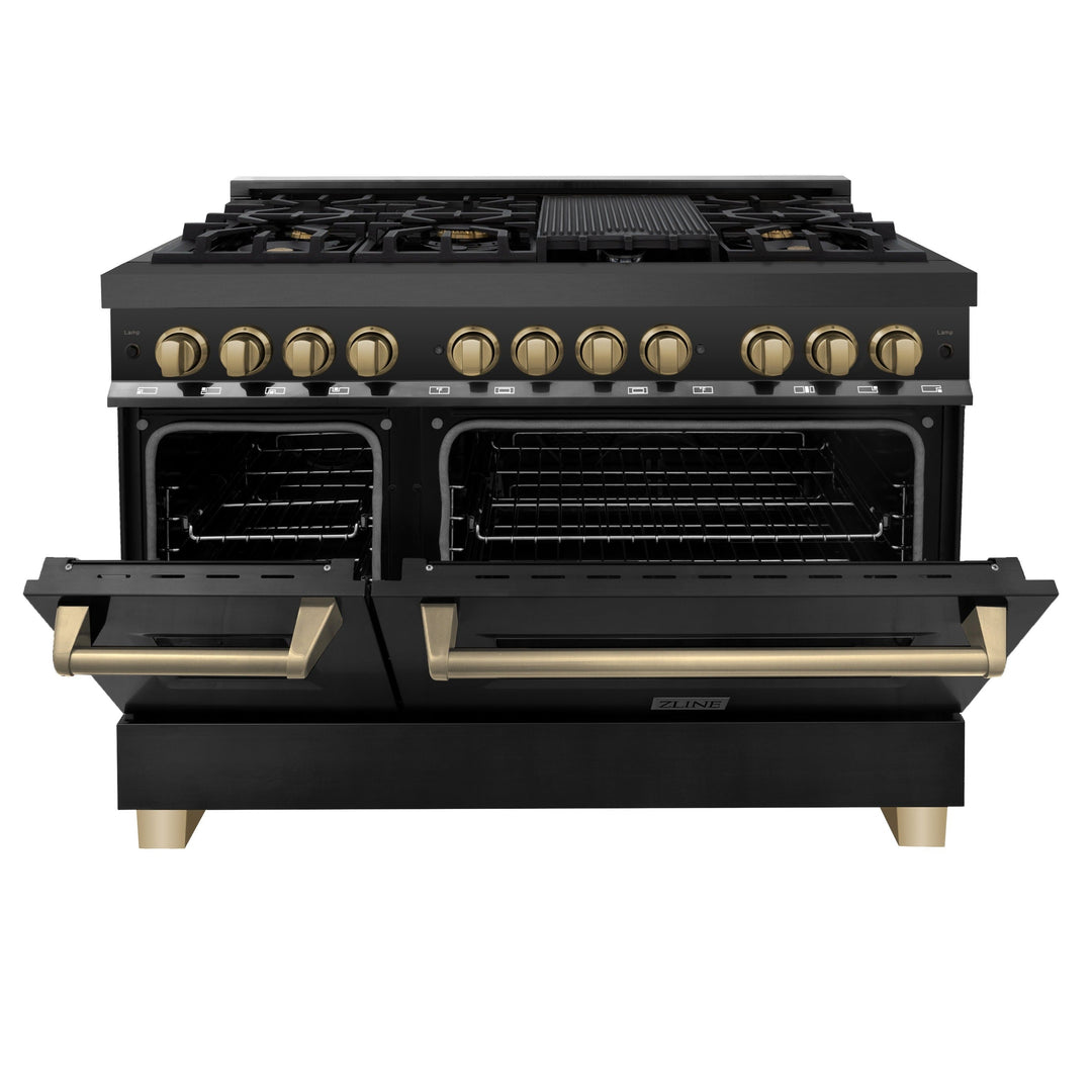 ZLINE Autograph 48" 6.0 cu. ft. Dual Fuel Range in Black Stainless Steel with Champagne Bronze Accents, RABZ-48-CB