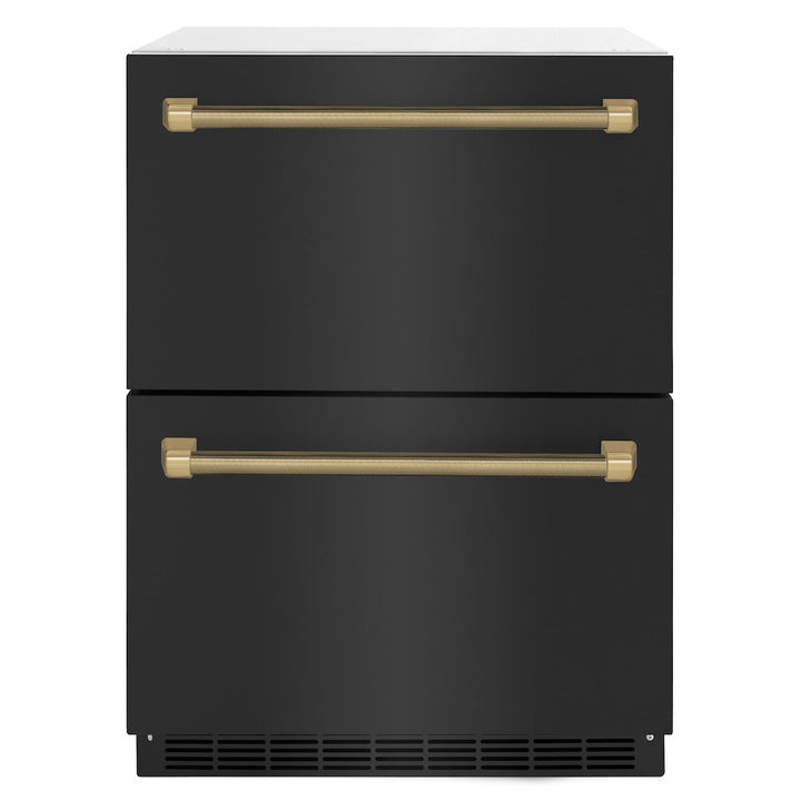 ZLINE Autograph Edition 24 in. Touchstone 168 Can Outdoor-Rated Dual Refrigerator Drawer with Black Stainless Steel Doors and Champagne Bronze Helix Handles (RDSOZ-BS-24-KCB)