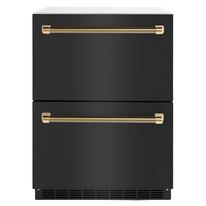ZLINE Autograph Edition 24 in. Touchstone 168 Can Outdoor-Rated Dual Refrigerator Drawer with Black Stainless Steel Doors and Polished Gold Helix Handles (RDSOZ-BS-24-KG)