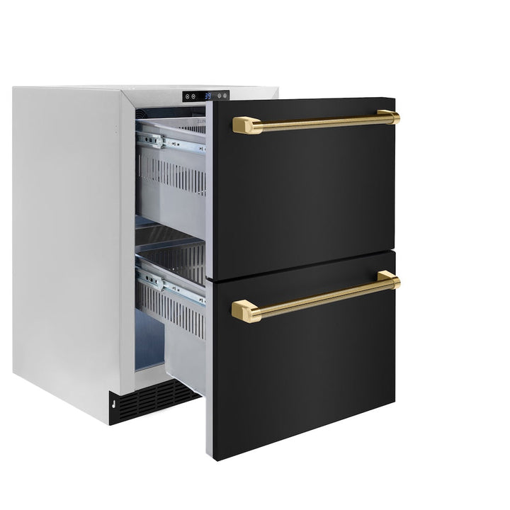 ZLINE Autograph Edition 24 in. Touchstone 168 Can Outdoor-Rated Dual Refrigerator Drawer with Black Stainless Steel Doors and Polished Gold Helix Handles (RDSOZ-BS-24-KG)
