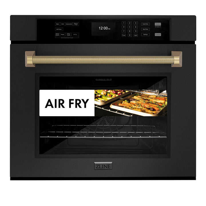ZLINE Autograph Edition 30 in. Professional True Convection Single Wall Oven with Air Fry and Self Clean in Black Stainless Steel with Champagne Bronze Helix Handle (WASBZ-30-KCB)
