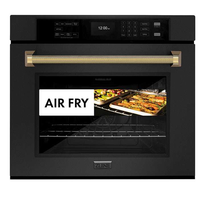 ZLINE Autograph Edition 30 in. Professional True Convection Single Wall Oven with Air Fry and Self Clean in Black Stainless Steel with Polished Gold Helix Handle (WASBZ-30-KG)