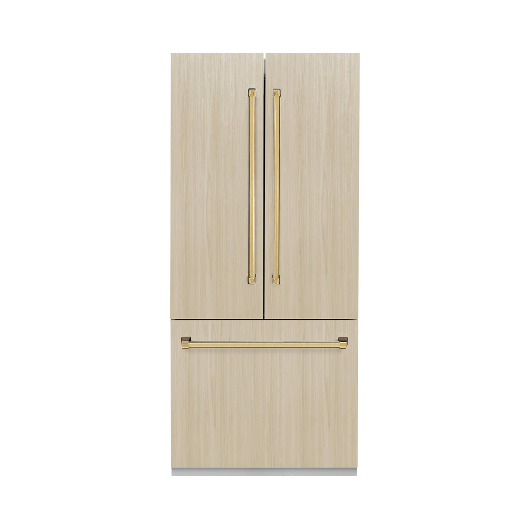 ZLINE Autograph 36" 19.6 cu. ft. Panel Ready Built-in 3-Door French Door Refrigerator with Internal Water and Ice Dispenser with Gold Handles, RBIVZ-36-G