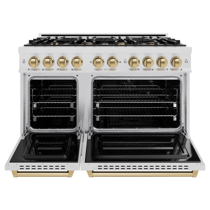 ZLINE Autograph Edition 48" 6.7 cu. ft. Classic Double Oven Gas Range with 8 Burners in DuraSnow® Stainless Steel and Champagne Bronze Accents, CGRSZ-48-CB