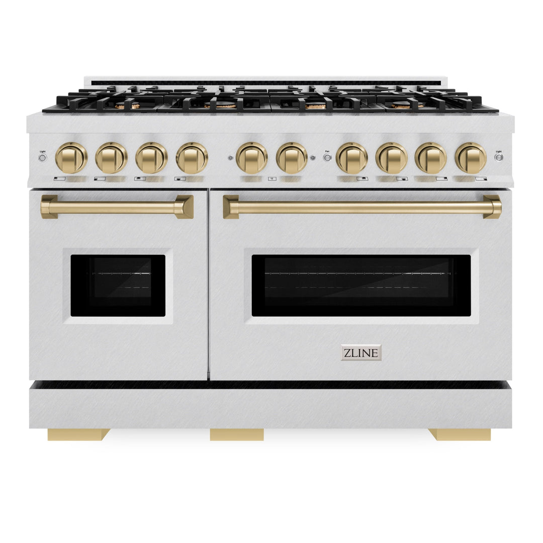 ZLINE Autograph Edition 48" 6.7 cu. ft. Classic Double Oven Gas Range with 8 Burners in DuraSnow® Stainless Steel and Champagne Bronze Accents, CGRSZ-48-CB