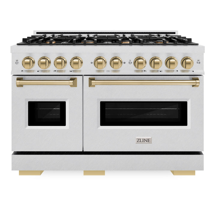 ZLINE Autograph Edition 48" 6.7 cu. ft. Classic Double Oven Gas Range with 8 Burners in DuraSnow® Stainless Steel and Champagne Bronze Accents, CGRSZ-48-CB
