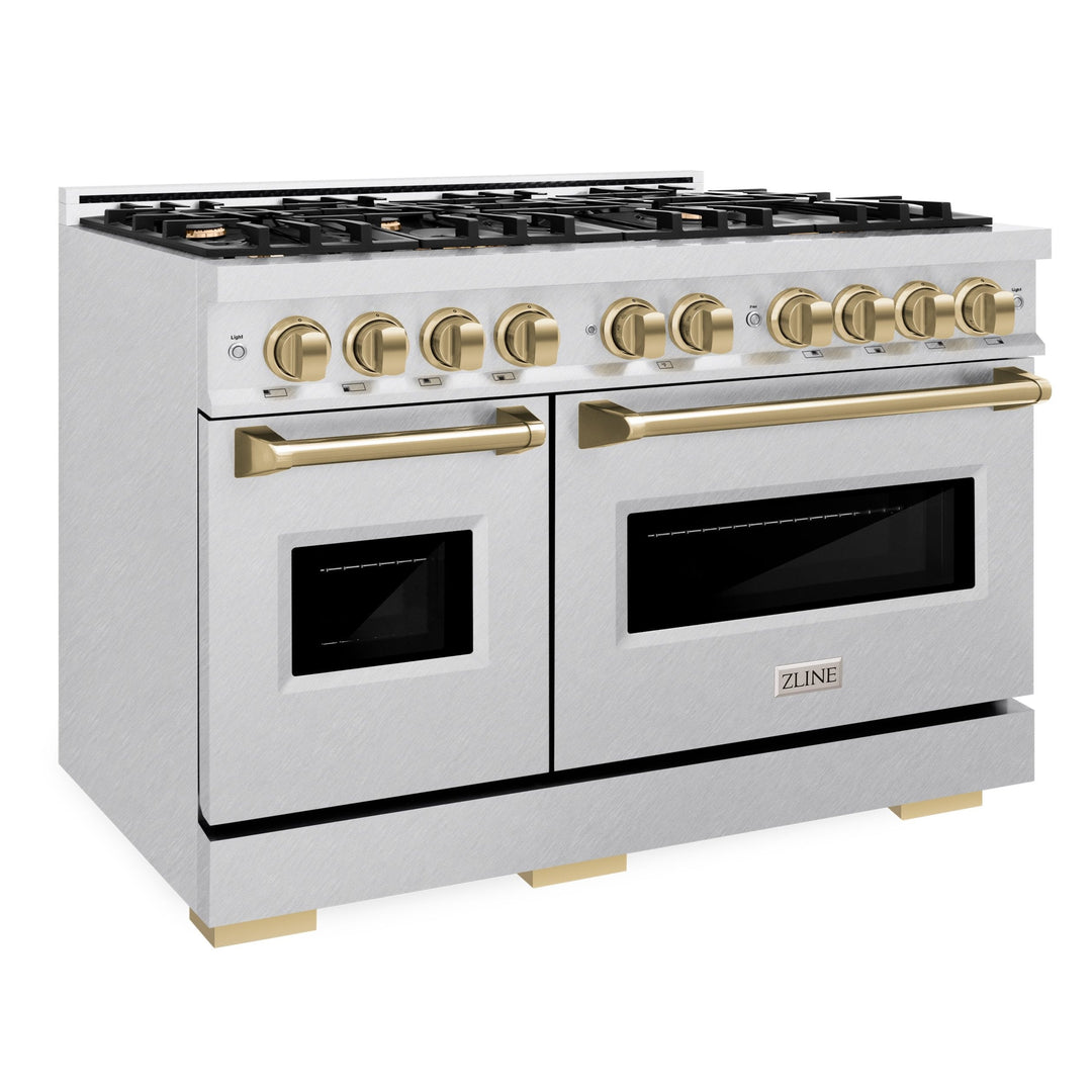 ZLINE Autograph Edition 48" 6.7 cu. ft. Classic Double Oven Gas Range with 8 Burners in DuraSnow® Stainless Steel and Champagne Bronze Accents, CGRSZ-48-CB