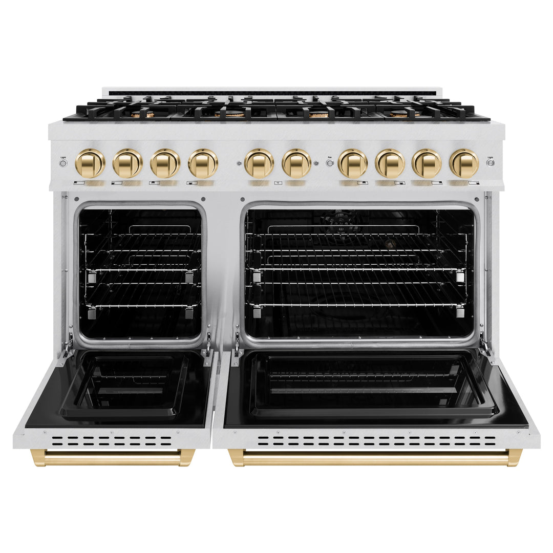 ZLINE Autograph Edition 48" 6.7 cu. ft. Classic Double Oven Gas Range with 8 Burners in DuraSnow® Stainless Steel and Polished Gold Accents, CGRSZ-48-G