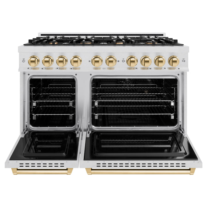 ZLINE Autograph Edition 48" 6.7 cu. ft. Classic Double Oven Gas Range with 8 Burners in DuraSnow® Stainless Steel and Polished Gold Accents, CGRSZ-48-G