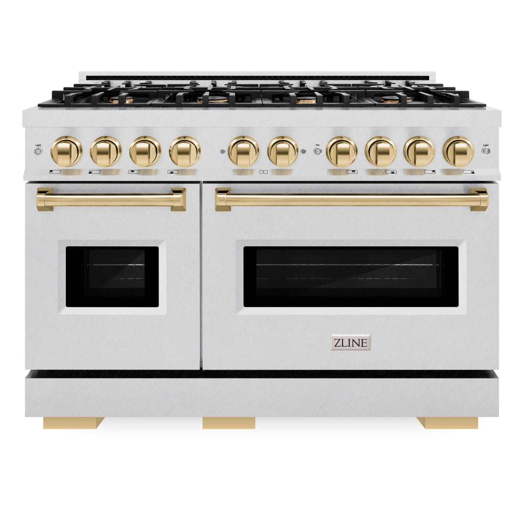 ZLINE Autograph Edition 48" 6.7 cu. ft. Classic Double Oven Gas Range with 8 Burners in DuraSnow® Stainless Steel and Polished Gold Accents, CGRSZ-48-G