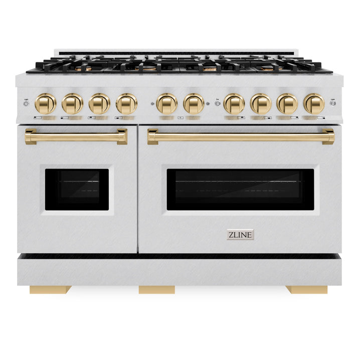 ZLINE Autograph Edition 48" 6.7 cu. ft. Classic Double Oven Gas Range with 8 Burners in DuraSnow® Stainless Steel and Polished Gold Accents, CGRSZ-48-G