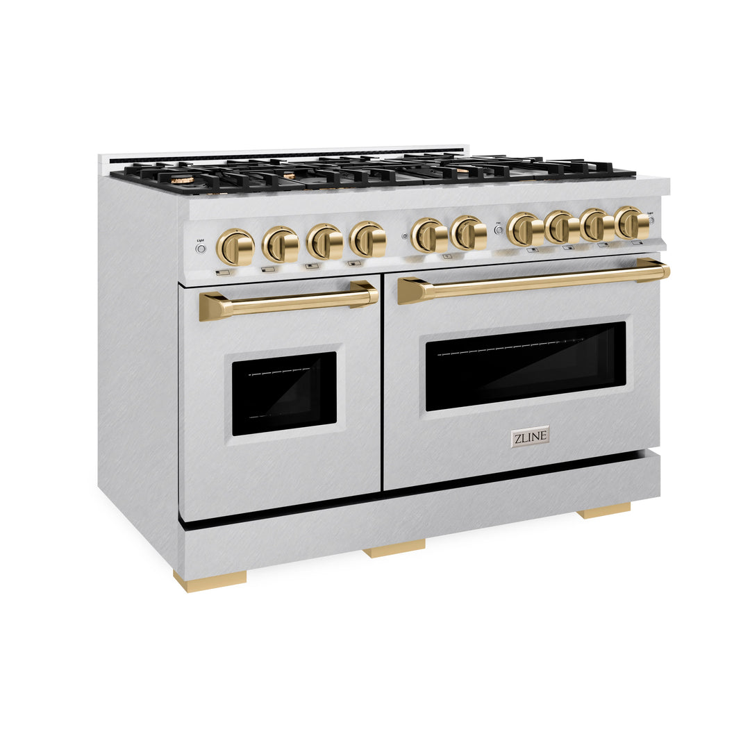 ZLINE Autograph Edition 48" 6.7 cu. ft. Classic Double Oven Gas Range with 8 Burners in DuraSnow® Stainless Steel and Polished Gold Accents, CGRSZ-48-G