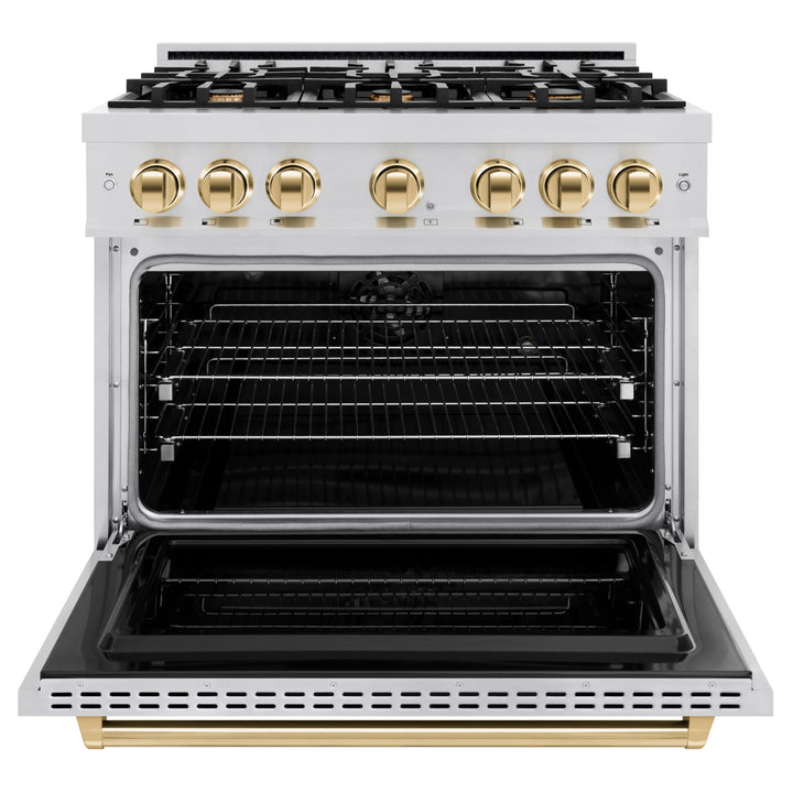 ZLINE Autograph Edition 36" 5.2 cu. ft. Classic Dual Fuel Range with 6 Burners in Stainless Steel with Polished Gold Accents, CDRZ-36-G